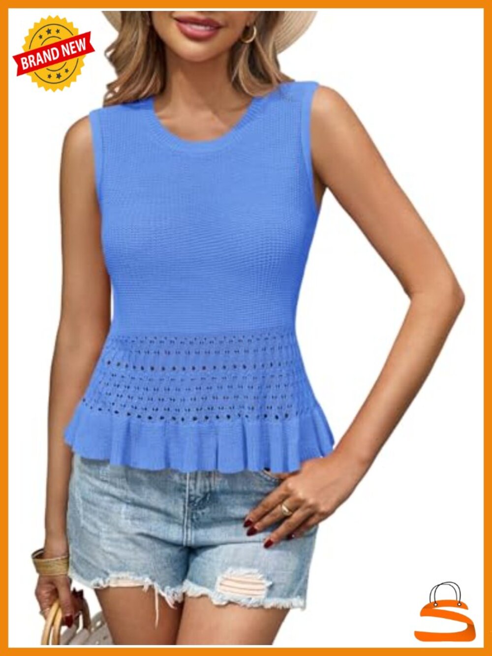 Crochet Crop Tank Top Sleeveless Crew Neck Ruffle Summer Boho Knit Vest